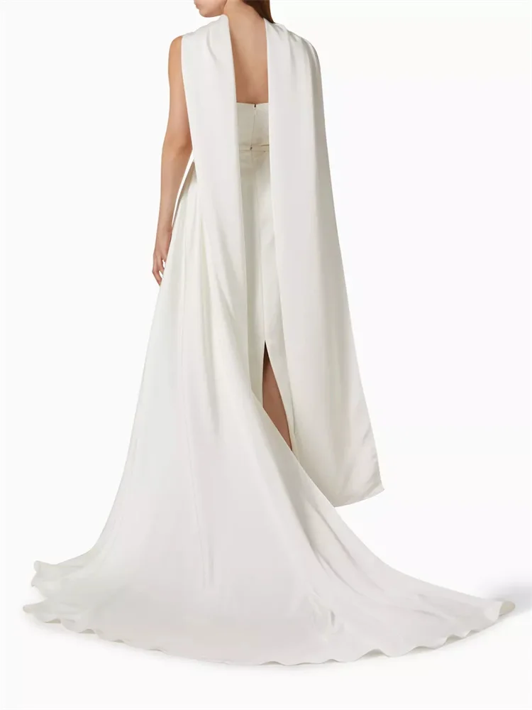 Customized Elegant White Shawl Tail Evening Gown, Sleeveless Bandeau Pleated Top, Neck Shawl Design, A-line Silhouette Dress