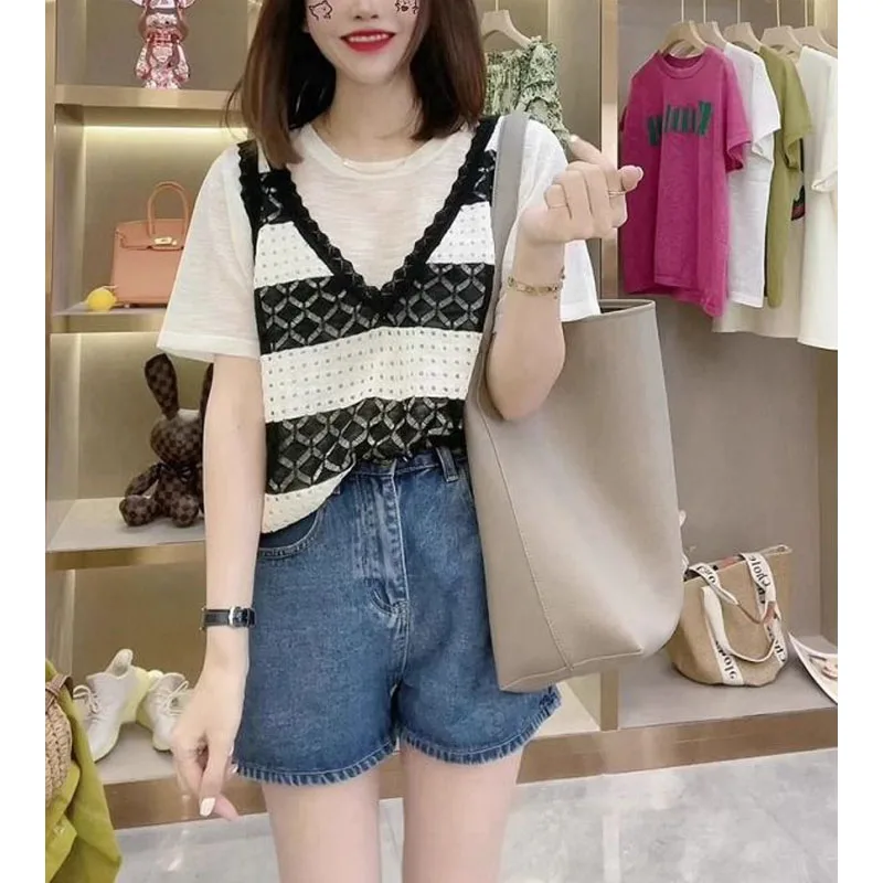 2024 Summer New Casual Fake Two Pieces Crew Neck Striped Elegant Loose Spliced Short Sleeve Hollow Out Women\'s Knitted Tops