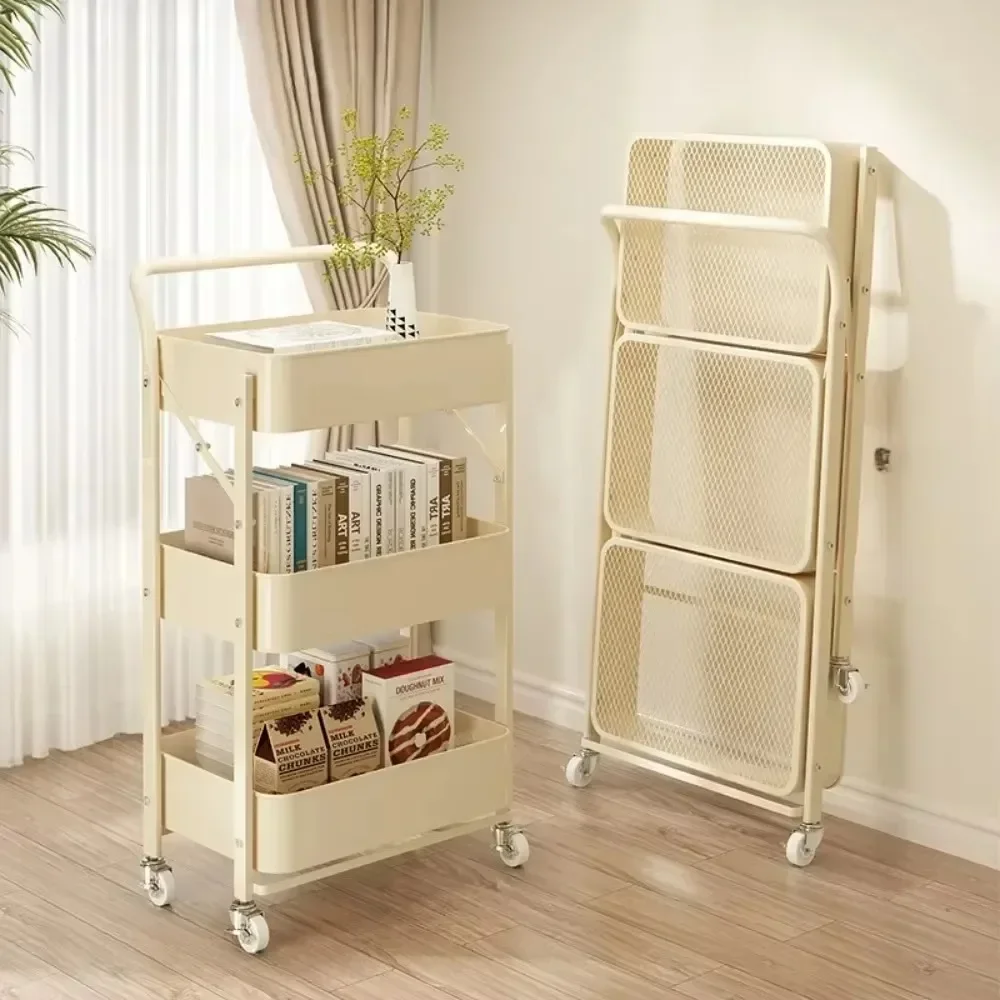 Folding Storage Trolley Kitchen Organizing Rack Multilayer Snacks Racks Movable Carbon Steel Shelves Bathroom Shelf Utility Cart