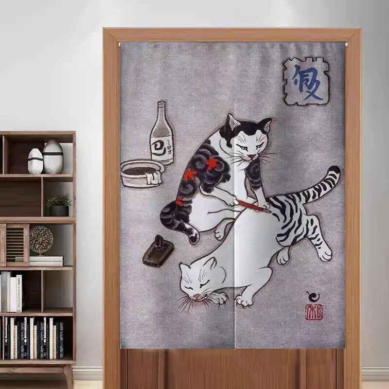 VIKAMA Japanese Ukiyo-e Tattoo Cat Noren Curtain Velcro Punch Free Izakaya Tea Room Vintage Oriental Fabric Partition Curtain