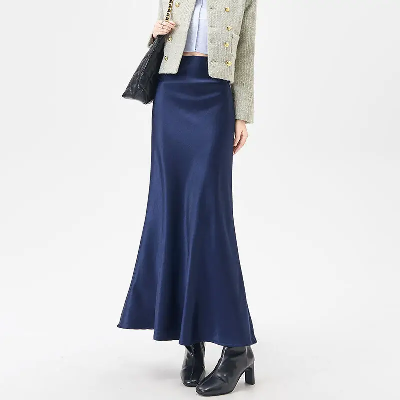 

Женская юбка из атласа с рыбьим хвостом и высокой талией, сумка на бедрах во французском стиле, темпераментная ацетатная повседневная юбка средней длины, новинка осени