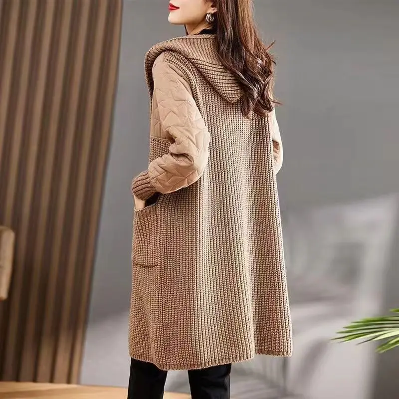 Women\'s Cardigan Coat Autumn Winter Patchwork Pockets Solid V-neck Long Sleeved Knitted Sweater Jacket Fashion Casual Lady Tops