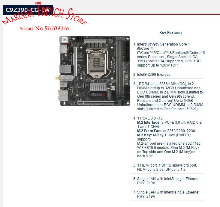 C9Z390-CG-IW for Supermicro Mini-ITX Gaming Motherboard LGA1151 8th/9th Generatio Core i9/i7/i5/i3 2666MHz/2400MHz DDR4 PCI-E3.0