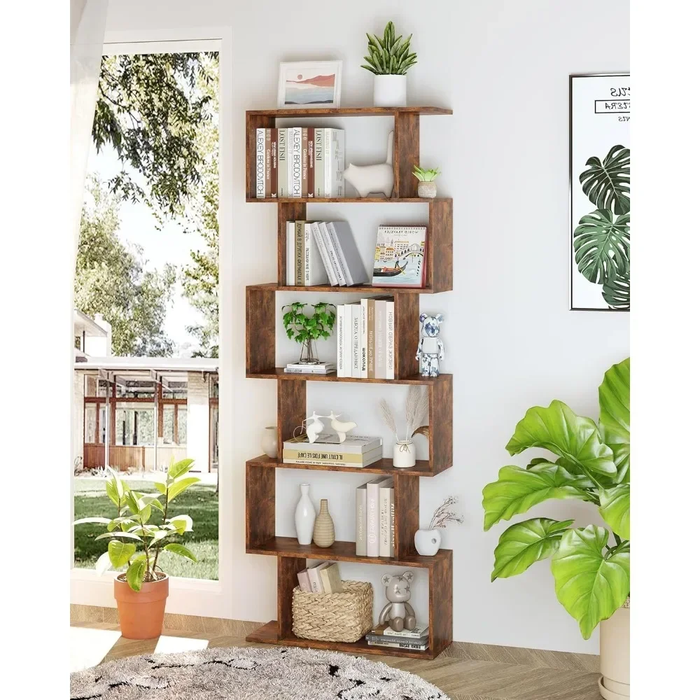 

Geometric Bookcase, Bookshelf 6-Tier S Shaped Bookshelves for Bedroom, Modern Wood Decorative Display Shelf Bookcase for Home