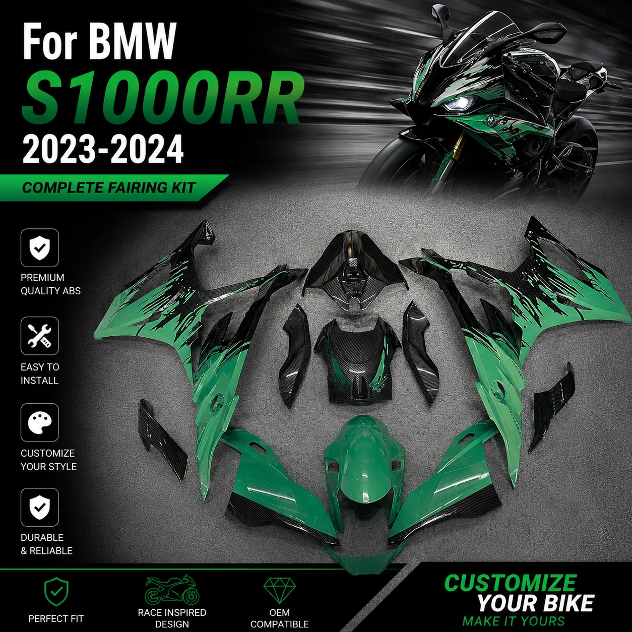 

Pre-Drilled Fairings Kit for BMW S1000 RR 23-24 Racing Style Carbon Fiber ABS Injection Complete Body Repair Cowl Shell Panels