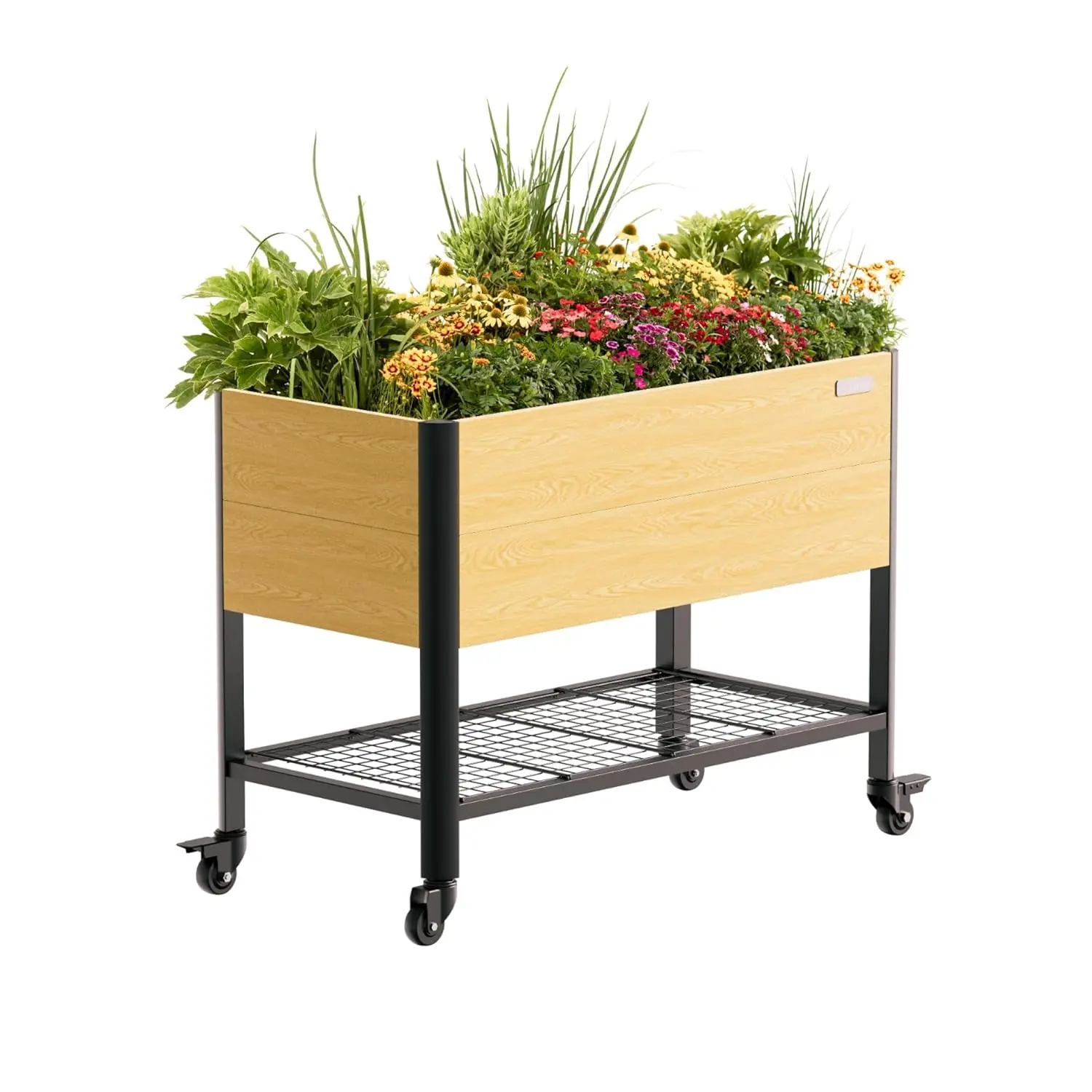 

Rolling Elevated Garden Bed, 2' x 4' Metal Woodgrain Elevated Outdoor Planters Boxes with Legs & Storage Rack for, Customized