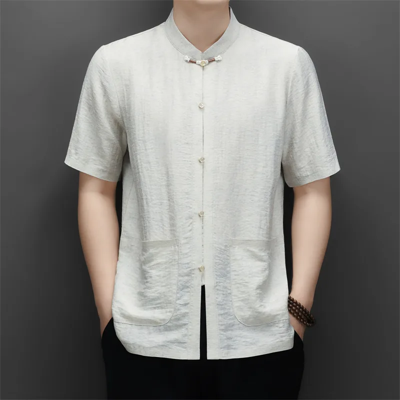 High-End Tang Costume Shirts For Men Frog Button Short Sleeve Summer New Quality Lightweight Breathable Casual Camisas De Hombre