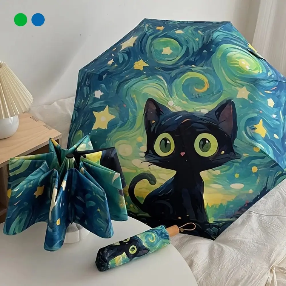 Van Gogh Windproof Windproof Umbrella Rainproof Cartoon Cat Shade Sun Umbrella Professional Cat Parasol Sunny