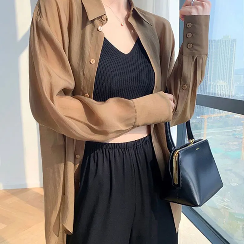 Elegant Fashion Harajuku Slim Fit Shirt POLO Collar Solid Button Thin Style Long Sleeve Tops Women Loose Casual Female Clothes