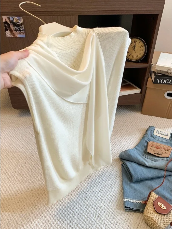 Light Maturity Style Irregular Sash Splice Stand Collar Light Brown Knitted Top Women Autumn New No Sleeve Upper Body