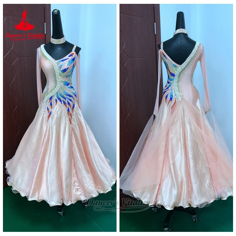 قاعة الرقص الروبيان الوردي اللؤلؤ الديكور طويلة الأكمام ملفوفة الوركين فستان تخصيص حيوية الراقصة الكبار الفالس التانغو الملابس