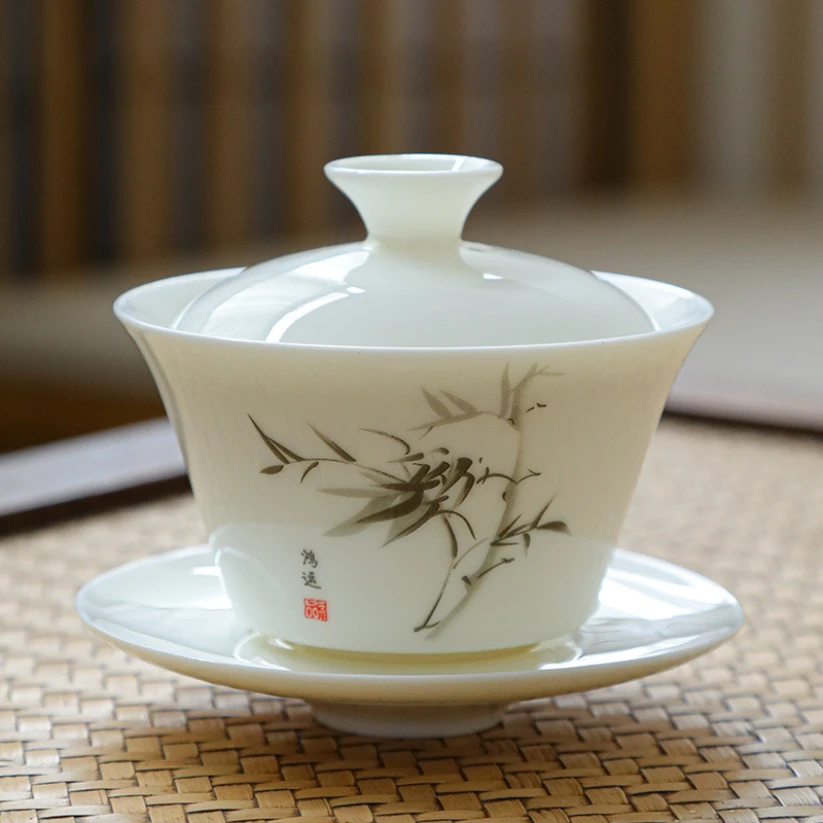 Chinese Porcelain Kung Fu Tea Set National Style Jade-Like Simplicity Three-Piece Gaiwan Tea Bowl