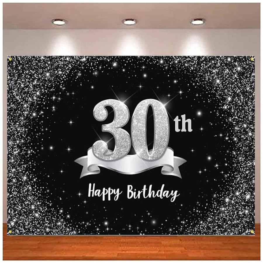 Photography Backdrop Black Silver Banner For Women Men Happy 30th 30 Years Old Birthday Party Interior Decor Background Poster