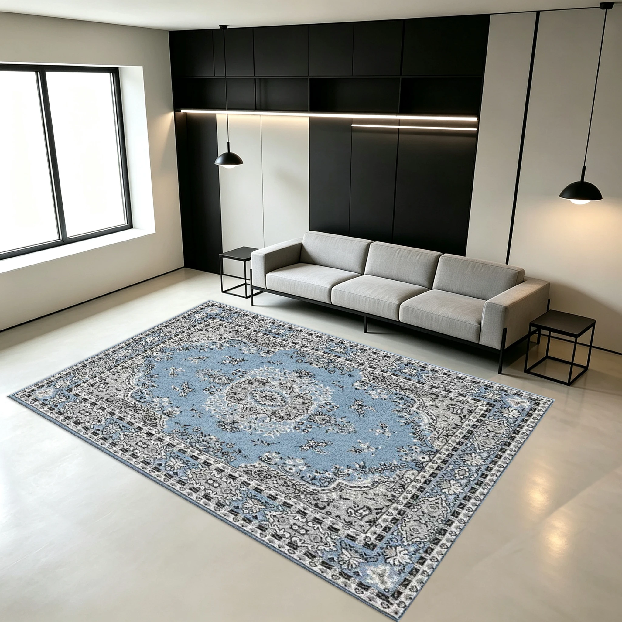 Classic Light Blue Vintage Medal Carpet, Oriental Style Square Carpet, Non-Slip Soft Mat Suitable for Home Interior Decoration