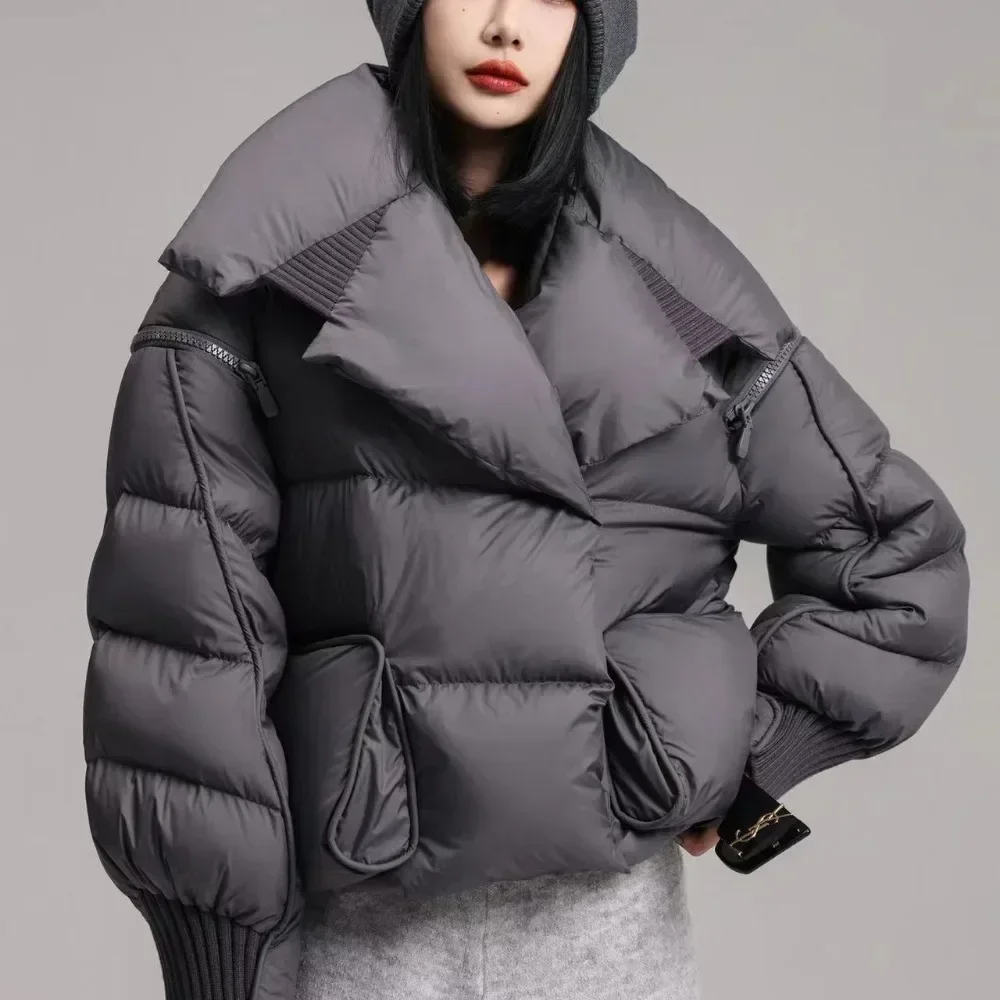 2025 Winter Puffer Jacket Short Streetwear Down Jacket Women White Duck Down Coat Female Warm Parkas Removable Sleeves Outwear