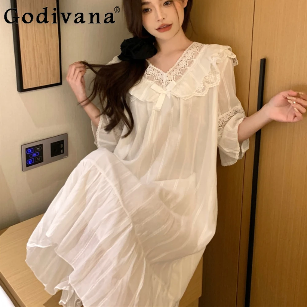 Women's Sleepwear Sweet Lace White Court Style Nightdress Summer Short Sleeve Loose Cotton Princess Style Pajamas Homewear