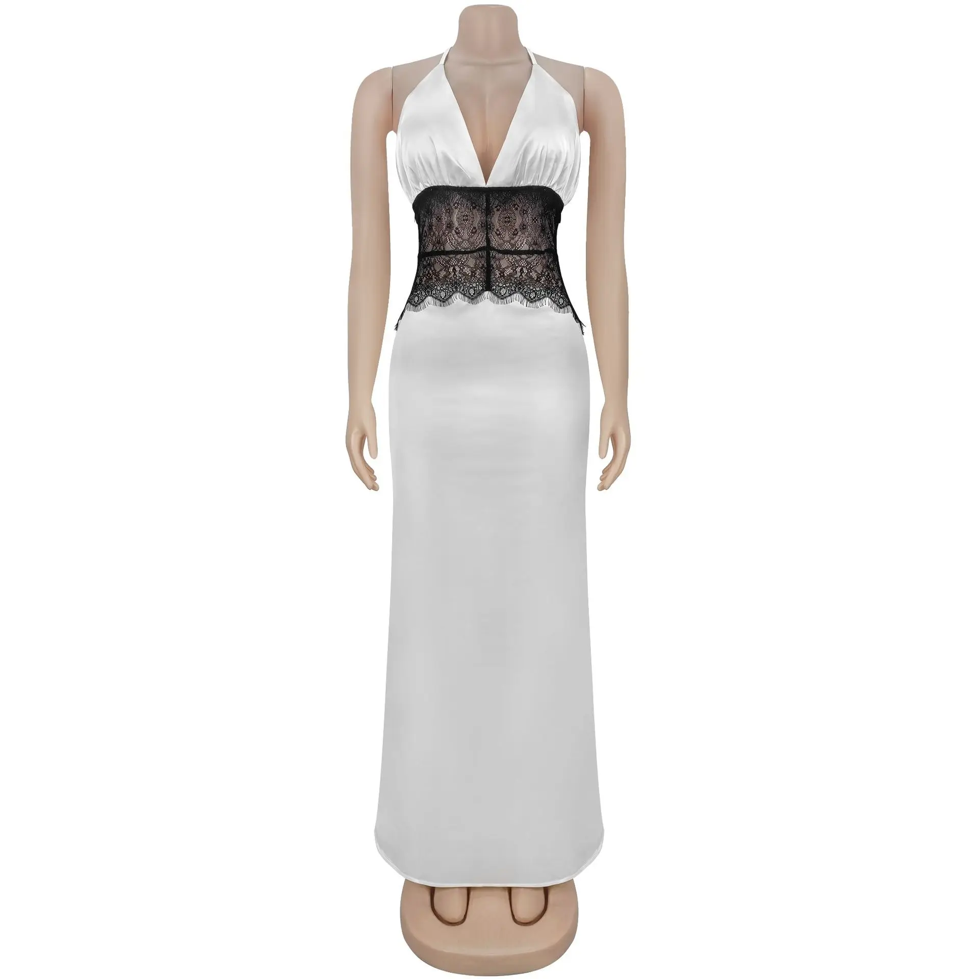 EINY エレガントでセクシーなディープ V ネックバックレスレースパッチワークサテンドレス女性のためのホルターネックノースリーブロングプロムパーティーイブニングドレス Traf