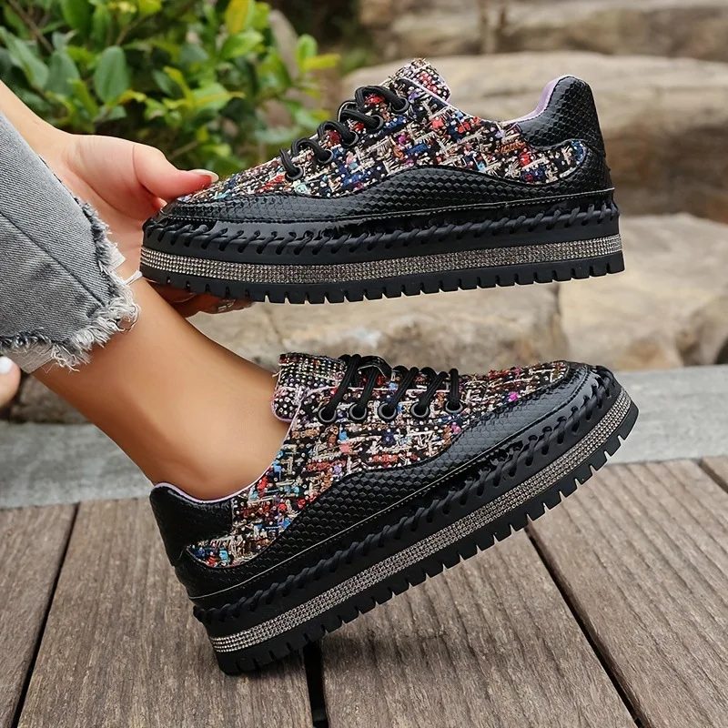 

Women Sneakers Spring Autumn Luxury Rhinestone Ladies Shoes Designer Mesh Vulcanized Shoes 2025 New Thick-soled Casual Shoes