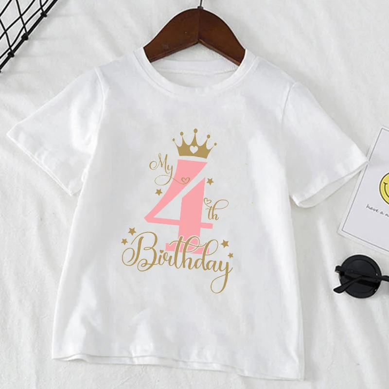 Kids T Shirt Birthday Numbers 1-10 Crown Shirt Summer Girls Birthday Tops White Short Sleeve Wild Tees Children Party Clothes