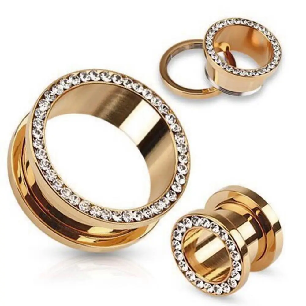 1Pc Stainless Steel Rhinestone Inlaid Plating Ear Plug Earring Piercing Jewelry Plugs Ear Tunnel Plug Expander