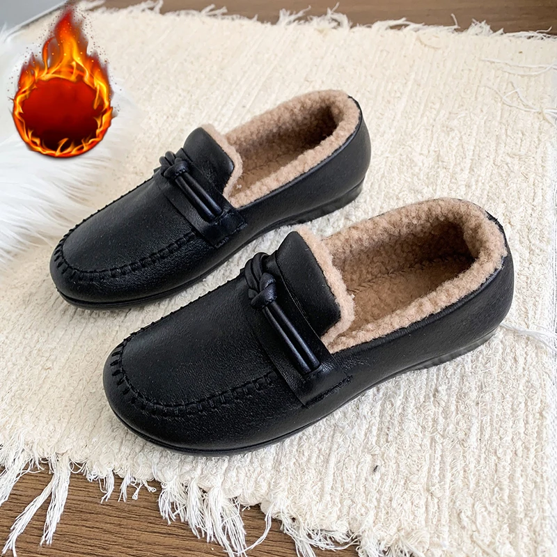 Winter Women Fur Shoes Warm Low Top Leather Furry Flats Loafers Fluffy Home Cotton Shoes Female Casual Comfortable Plush Shoe 41