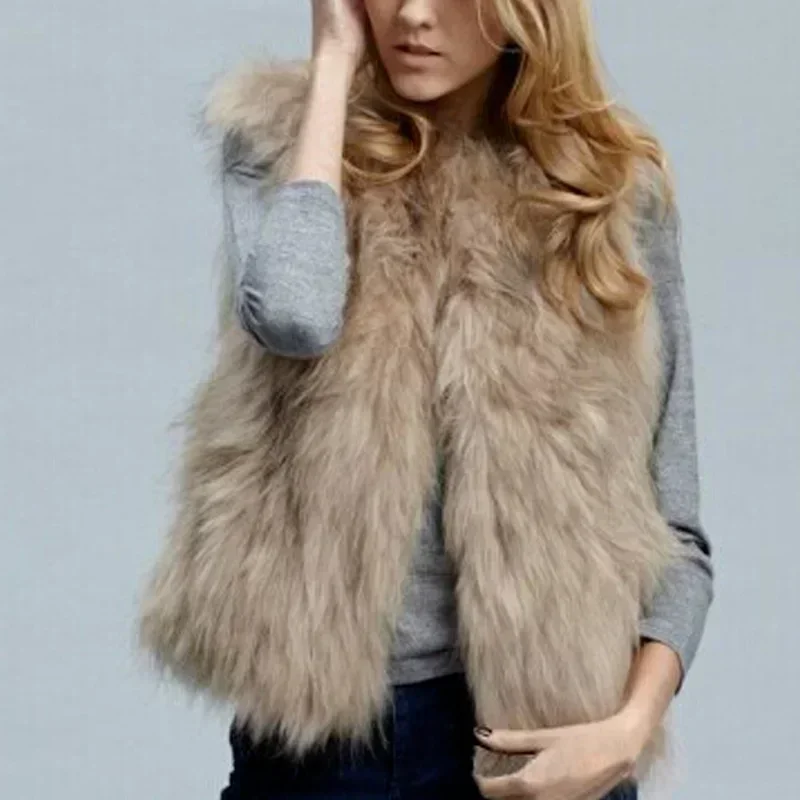 Faux Fur เสื้อกั๊กผู้หญิง2023สบายๆฤดูใบไม้ผลิฤดูใบไม้ร่วงแขนเสื้อขนสัตว์เสื้อฤดูหนาว2XL เสื้อกั๊ก Femme สีกากีสีดำ Streetwear