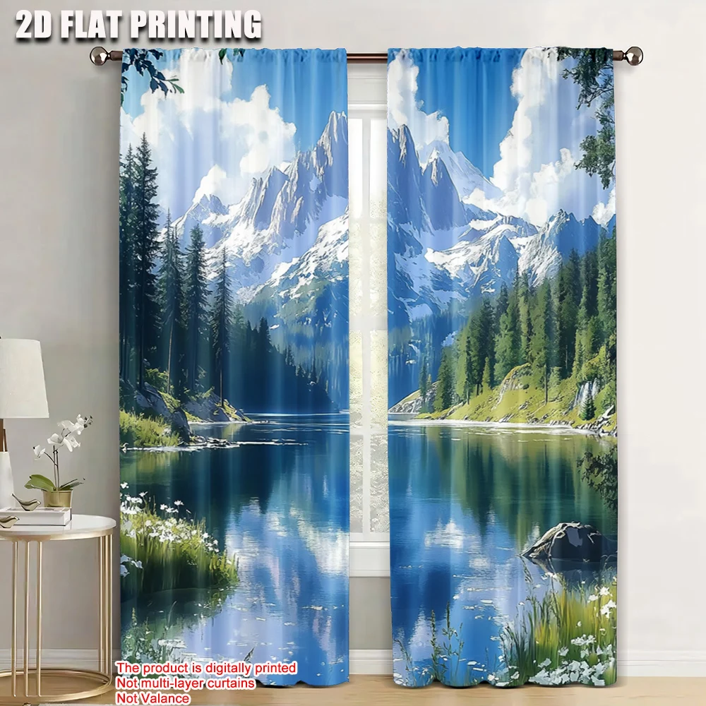 

2pc, Window Drapes snow mountain Machine Washable Fabric,Without Electricity Versatile Use for Holiday Portraits and