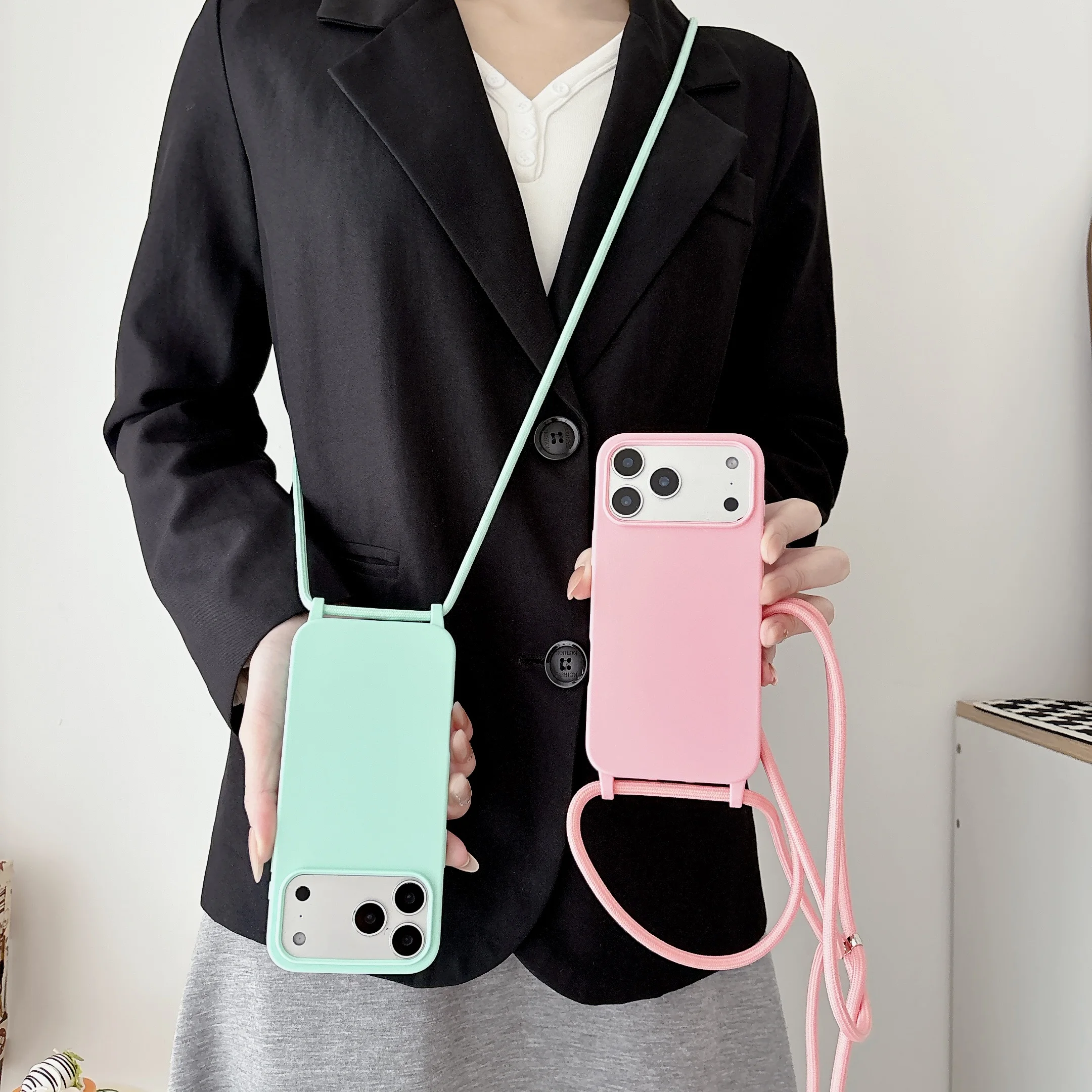 Crossbody Strap Lanyard Silicone Phone Case For iPhone 17 16 15 14 13 12 11 Pro Xs Max Plus 16e 17e Candy Color Back Cover