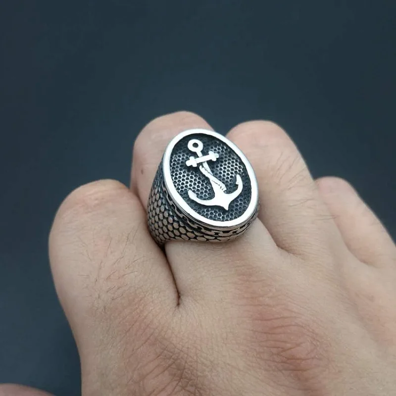 

Megin D Stainless Steel Titanium Hip Hop Anchor Chains Navy Vintage Punk Rings for Men Women Couple Boyfriend Gift Fashion Jewel