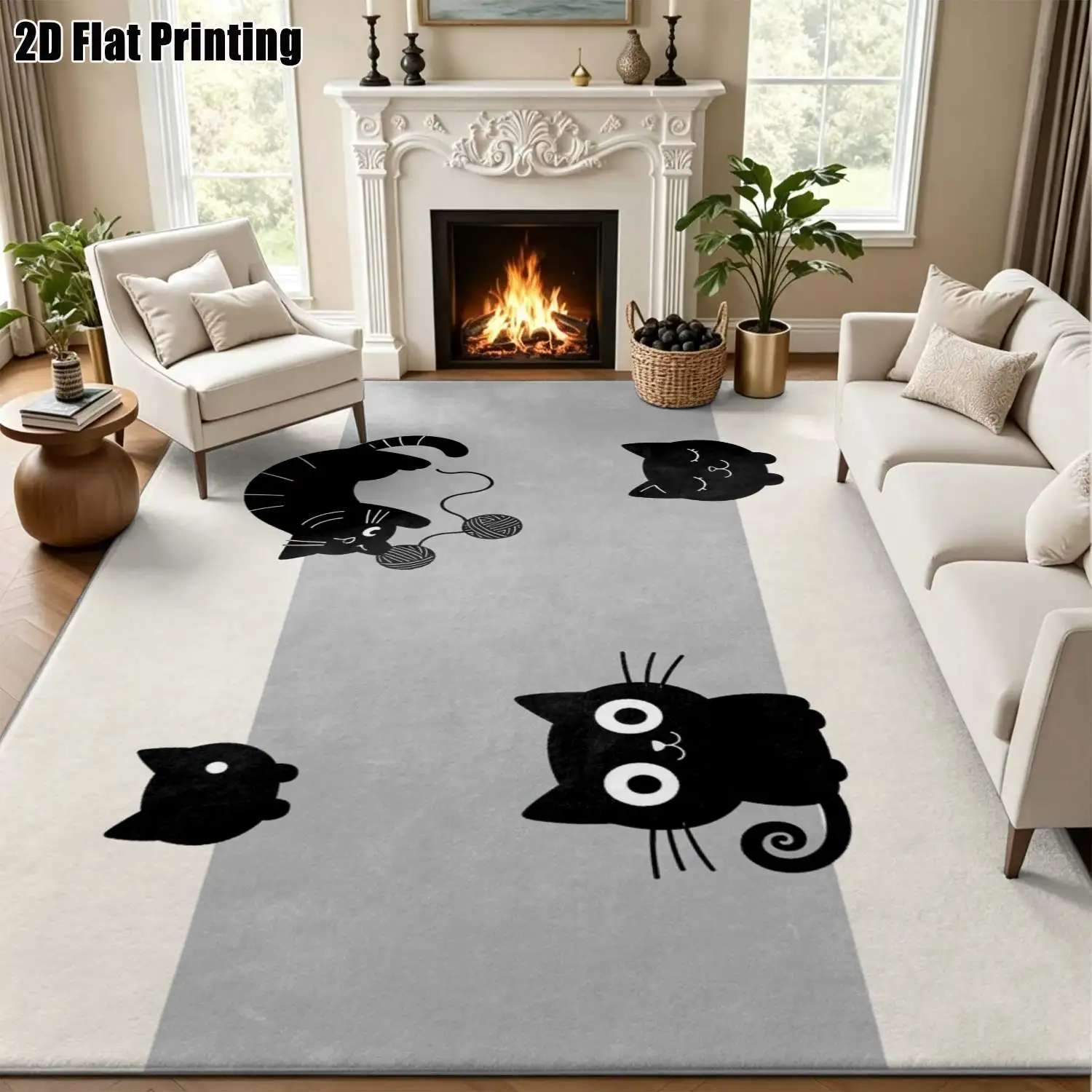 1Pc 2D Printed Cat Pattern Carpet Nordic/Instagram-Style, Modern Minimalist Geometric Striped Floor Mat, Machine Washable, Multi-Size, Home Decor for Entryway, Dining Room, Foyer, Bedroom, Living Room.