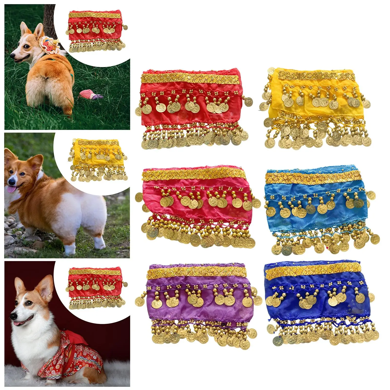 Dog Belly Dance Hip Scarf Polyester Sequins Luxury Dog Clothing Fancy Costume Outfit for Medium and Large Pets