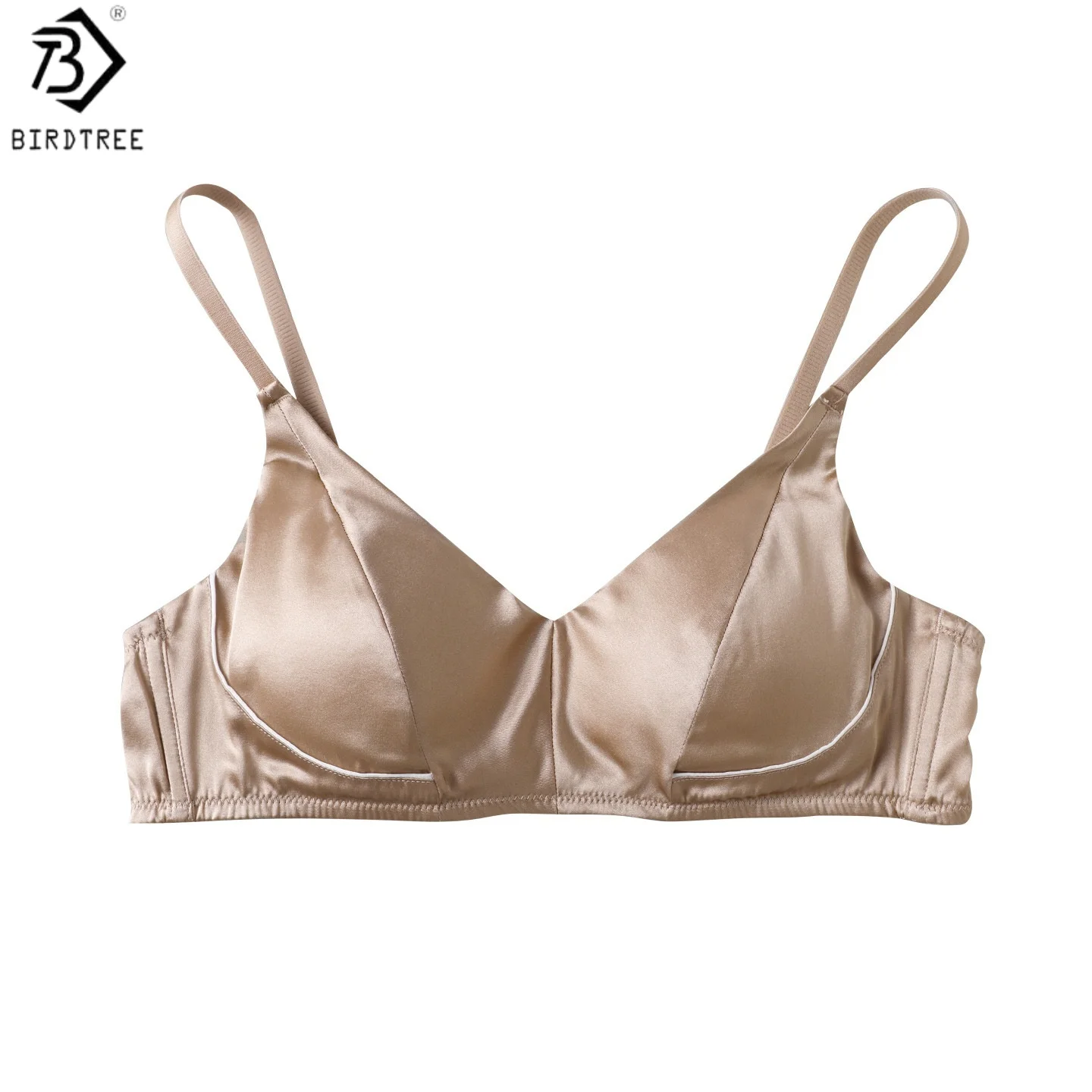 Birdtree, 92% Silk 8% Spandex Bra, Women's Satin Wireless Bralette Linerie Underwear, Breathable Triangle Cup, 2026 New A61915JF