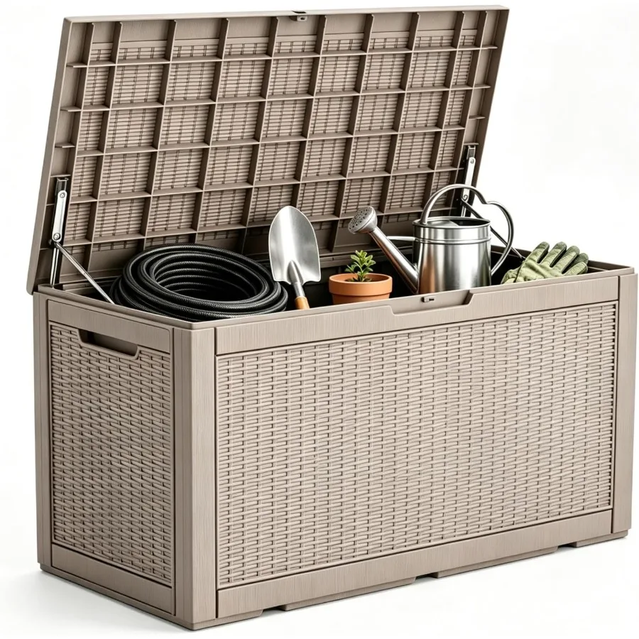 Outdoor storage box for patio use, made of durable polypropylene, gray color, waterproof and lockable with gas lift mechanism