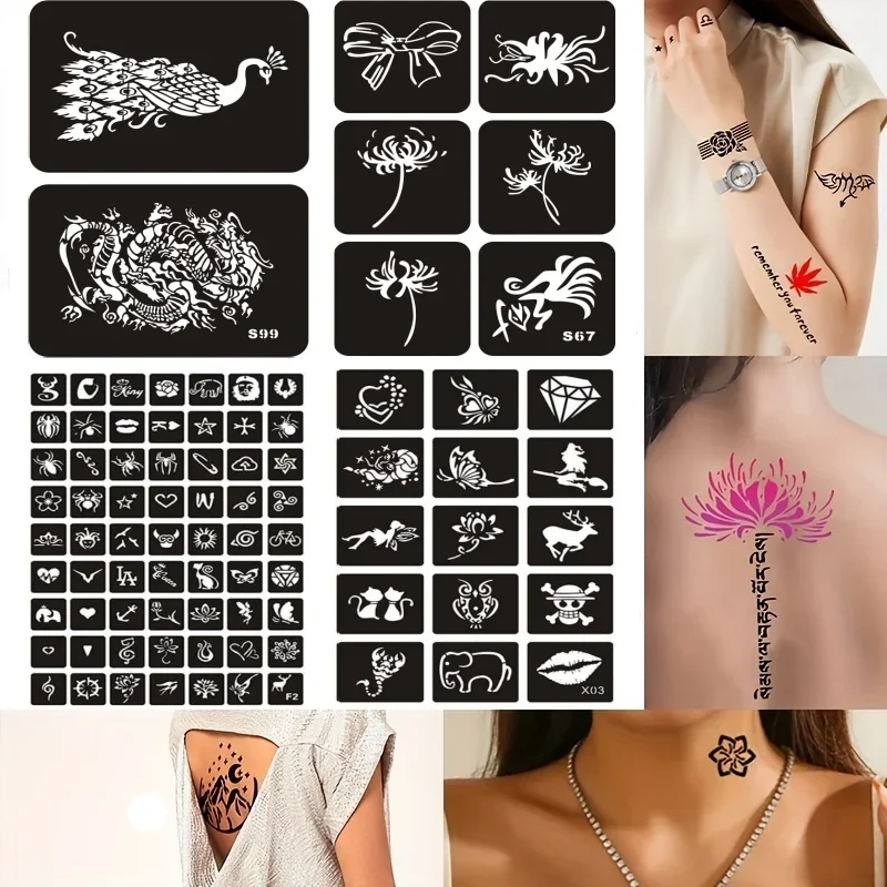 5-103pcs Airbrush Henna Template for Adult Kids Teens Cat Rose Skull Bat Dragon Glitter Tatoo Stencil Hands Face Body Pochoirs