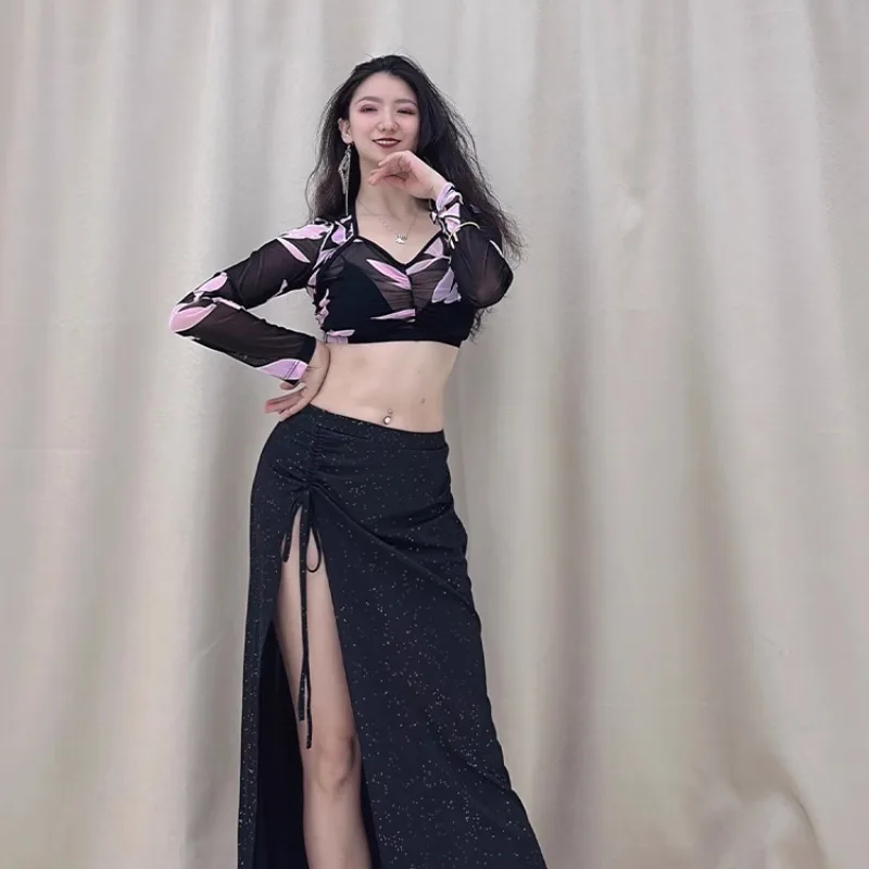 customized belly dance costumes practice outfit black powder leaf mesh long sleeved top silver sprinkled long skirt plus size