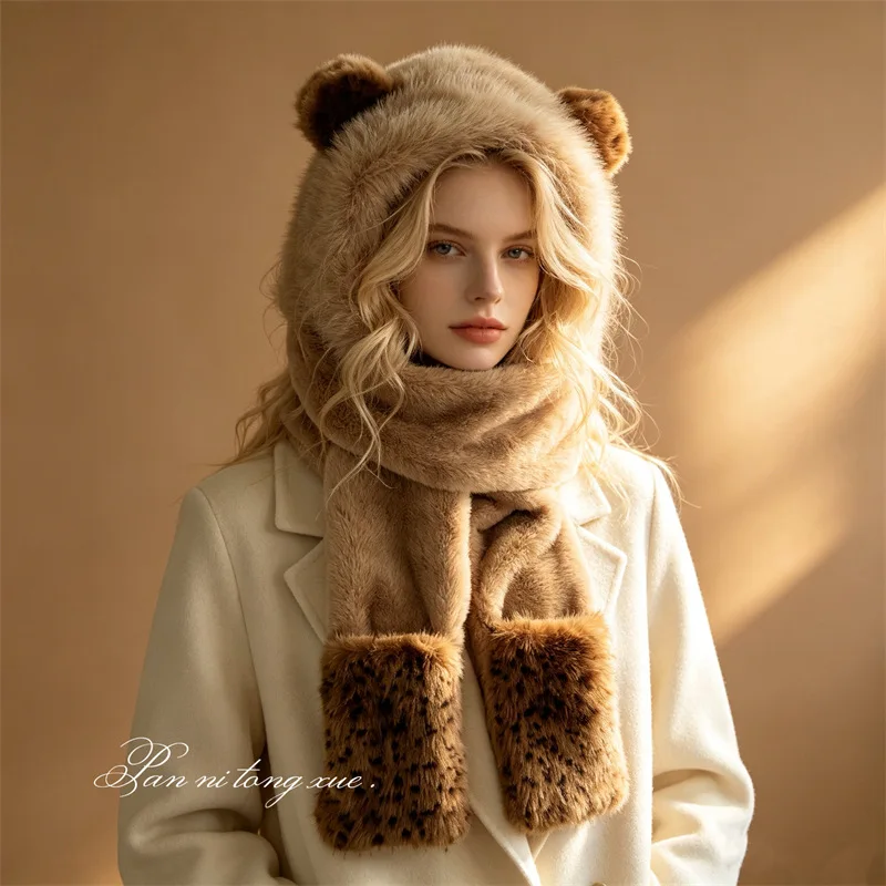 2026 Fall Winter Fleece Lined Hooded Scarf Gloves Set Women Warm Casual New