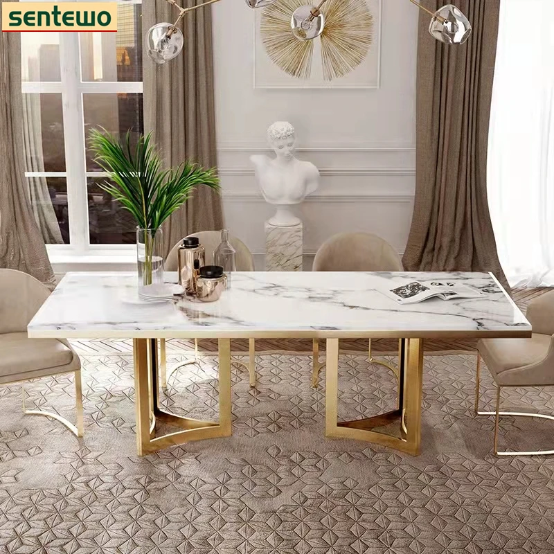 Designer Luxury kitchen room Marble Rock Slab dining table set 8 chairs tavolo pranzo furniture marbre Stainless steel gold base