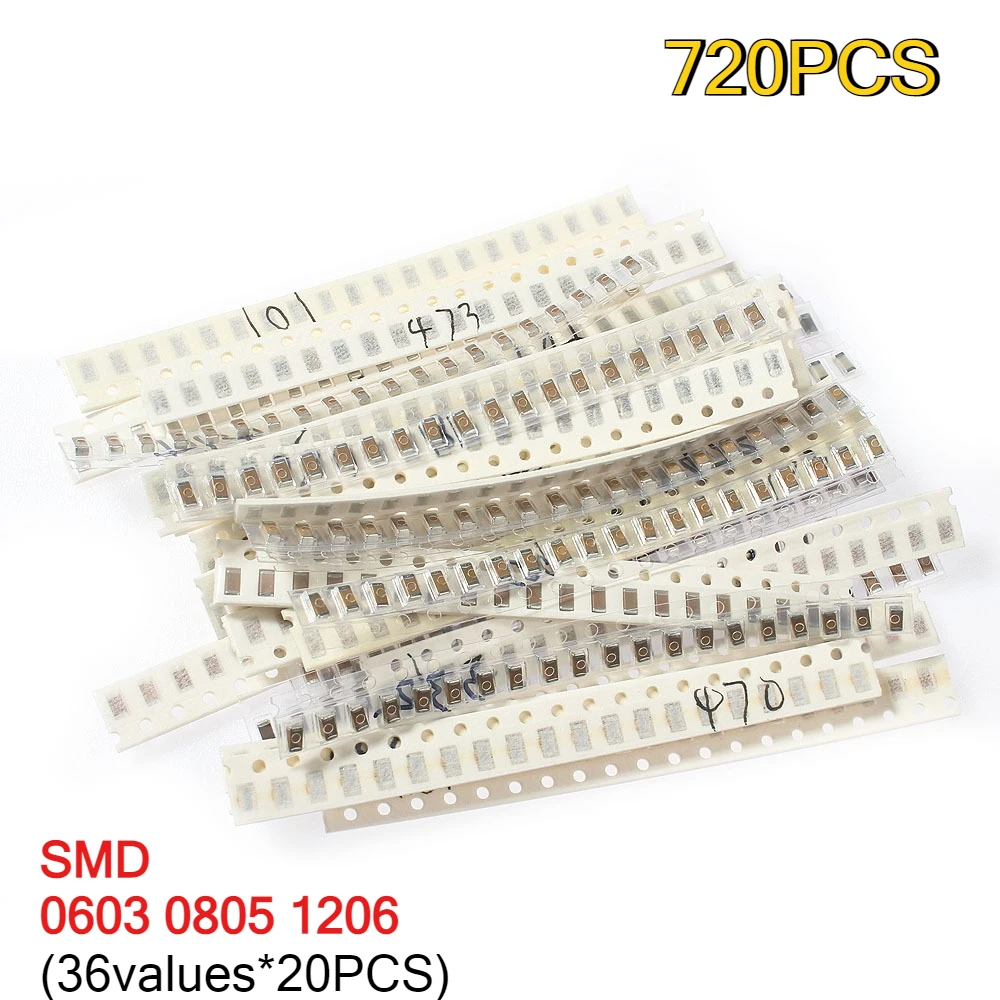 

720PCS 0603 0805 1206 SMD Capacitor Kit 1pF ~10uF 36 Values 10PF 30PF 47PF 330PF 4.7NF 10NF 68NF 100NF 150PF 180PF 220PF 330PF