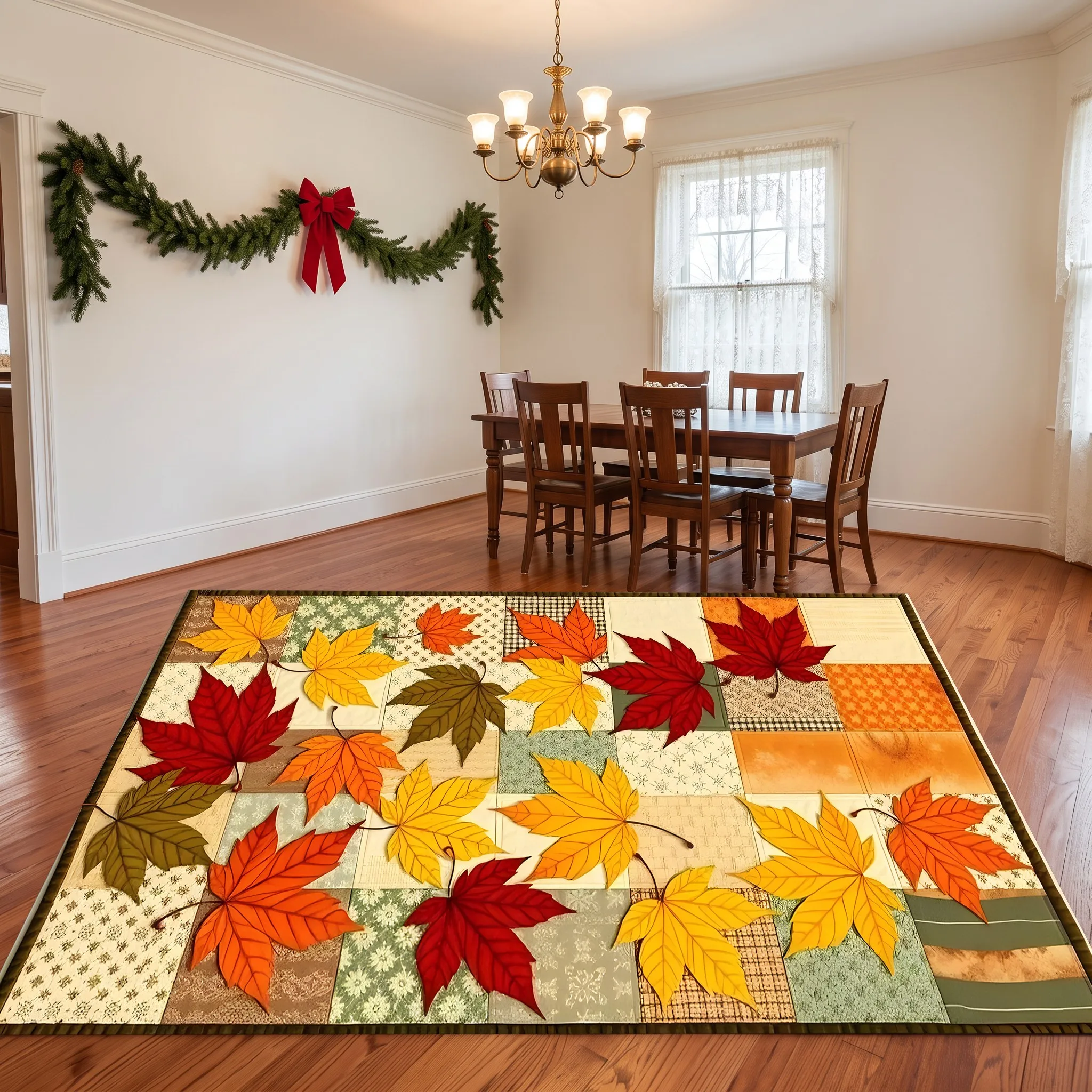 Colorful Maple Leaf Patterned American Retro-Style Velvet Rug with a Warm Autumnal Feel, Perfect for the Living Room, Entryway, Bedroom, or Bedside