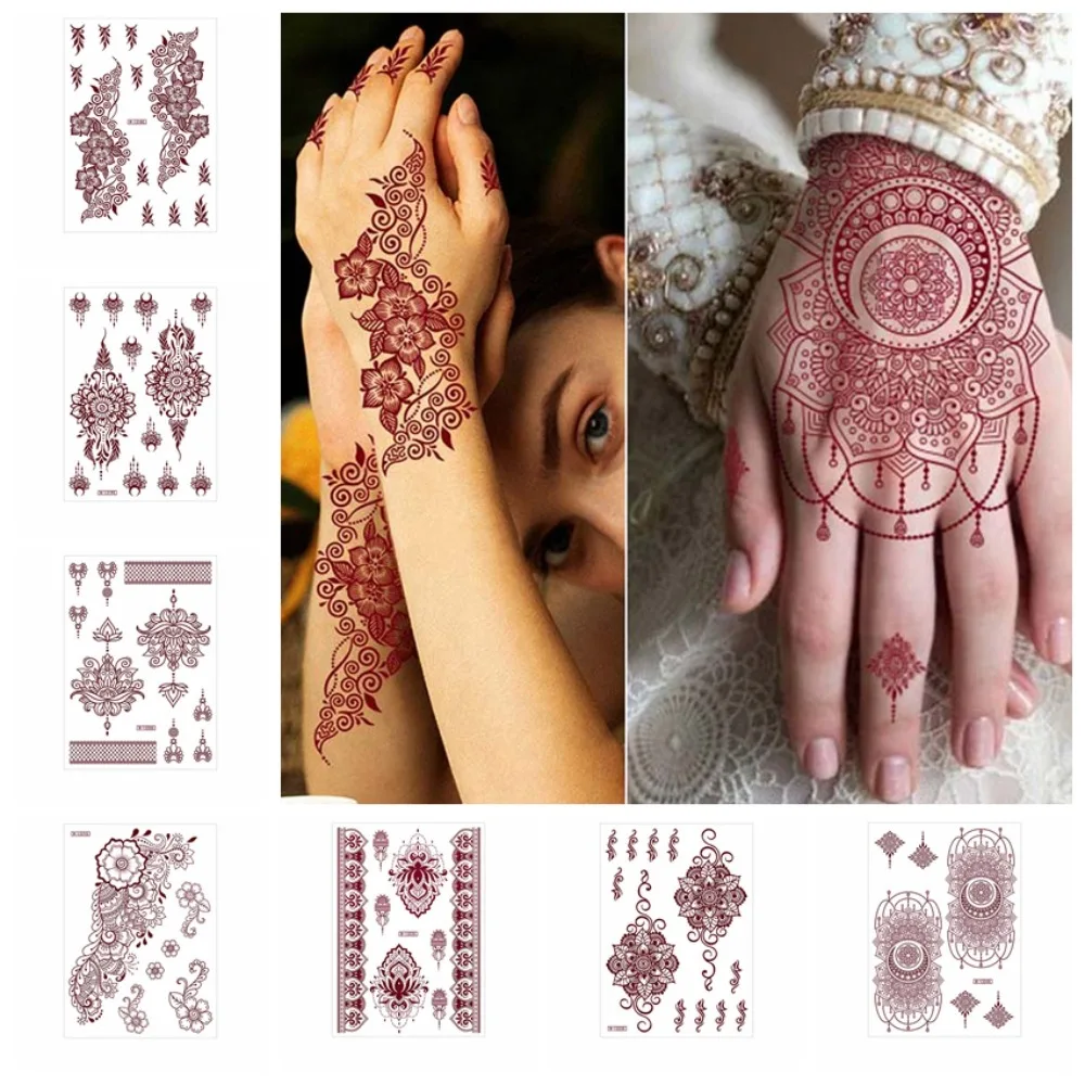 Czerwona koronka tatuaż z henny seksowna bordowa naklejki z tatuażami wodoodporna India Mehndi Design tymczasowe tatuaże palec ręka tatuaż dla kobiet