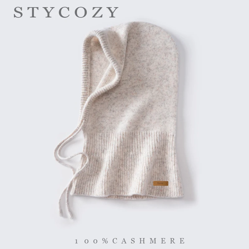 100% Cashmere Ribbed Knit Balaclava Women Fleck Speckled Yarn Drawstring Adjustable Hats Winter Unisex Full Face Neck Cover Hood