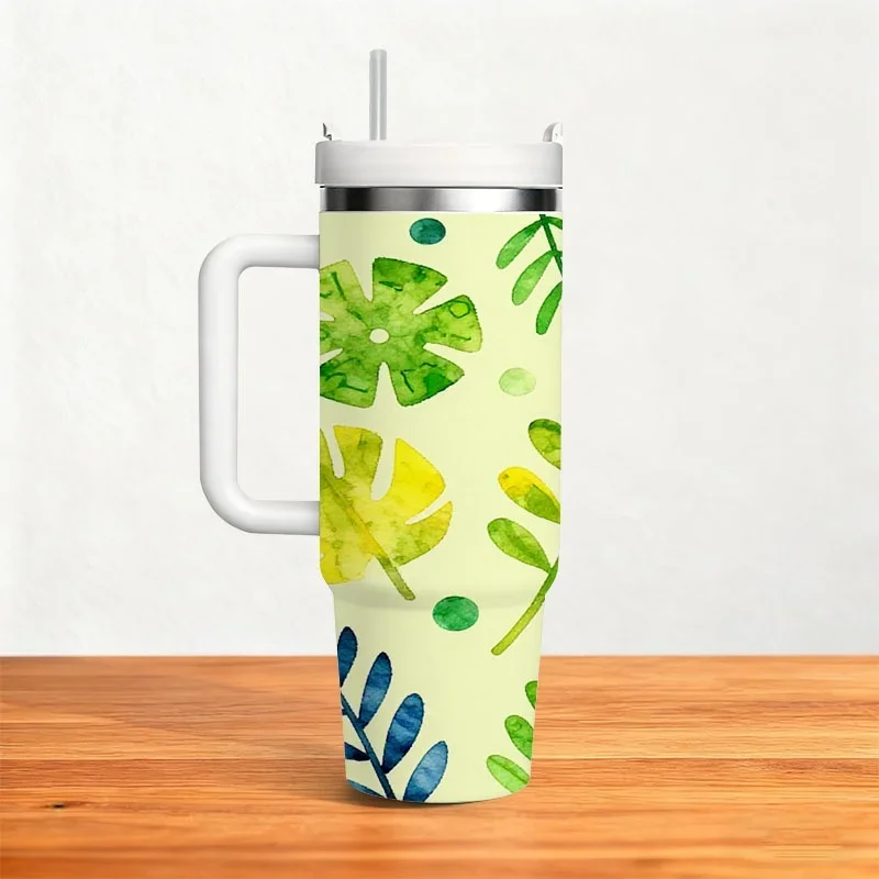Stainless Steel 40oz Insulated Tumbler, Watercolor Tropical Leaves Digital Print Design, Reusable Insulated Beverage Cup for Keeping Drinks Cold or Hot, Ideal for Home, Office and Outdoor Daily Use