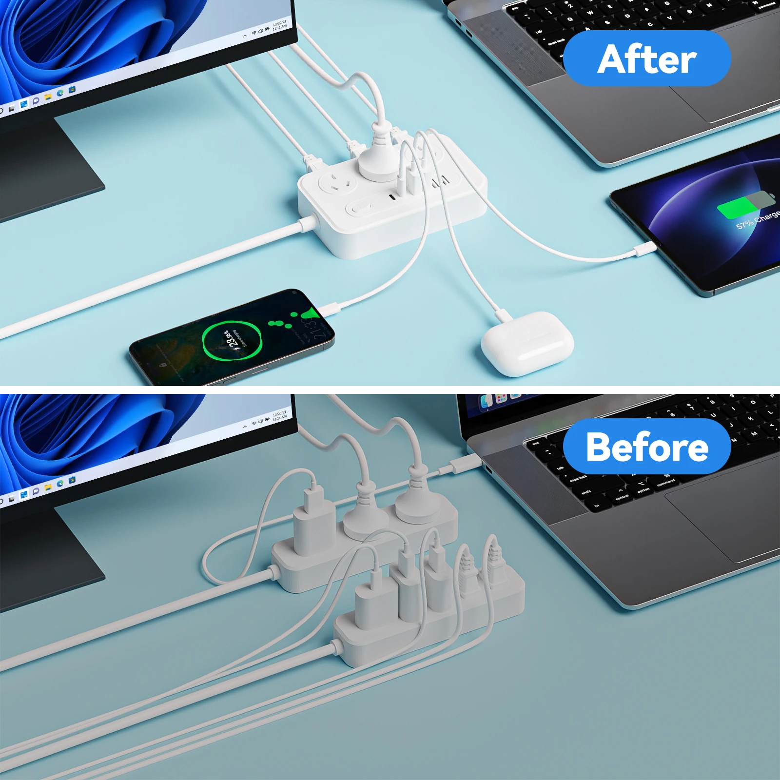 11-in-1 Australian power strip, 6 AC sockets, 4 USB 2 Type-C ports, extension cord desktop charging station, suitable for home,