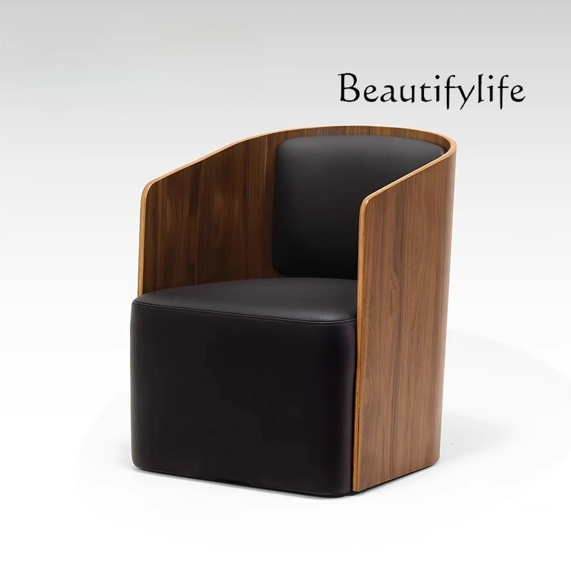

Nordic medieval retro style modern simple wooden walnut leather leisure chair single sofa