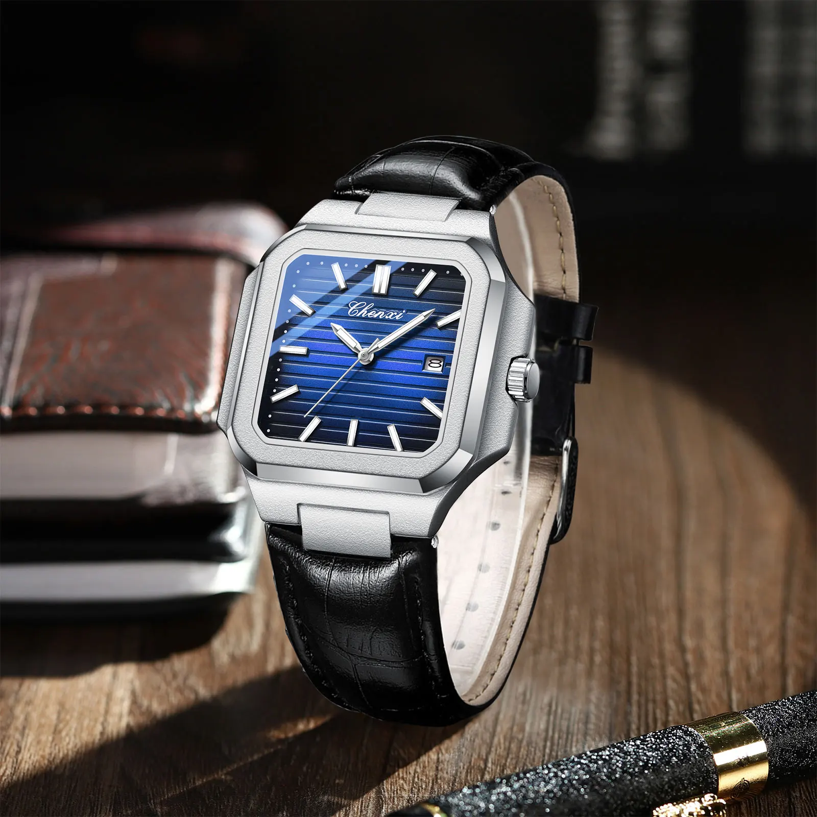NUOVO 2025 CHENXI Casual Business Orologio da uomo in vera pelle Quadrante quadrato Impermeabile Calendario luminoso Orologi minimalisti di lusso