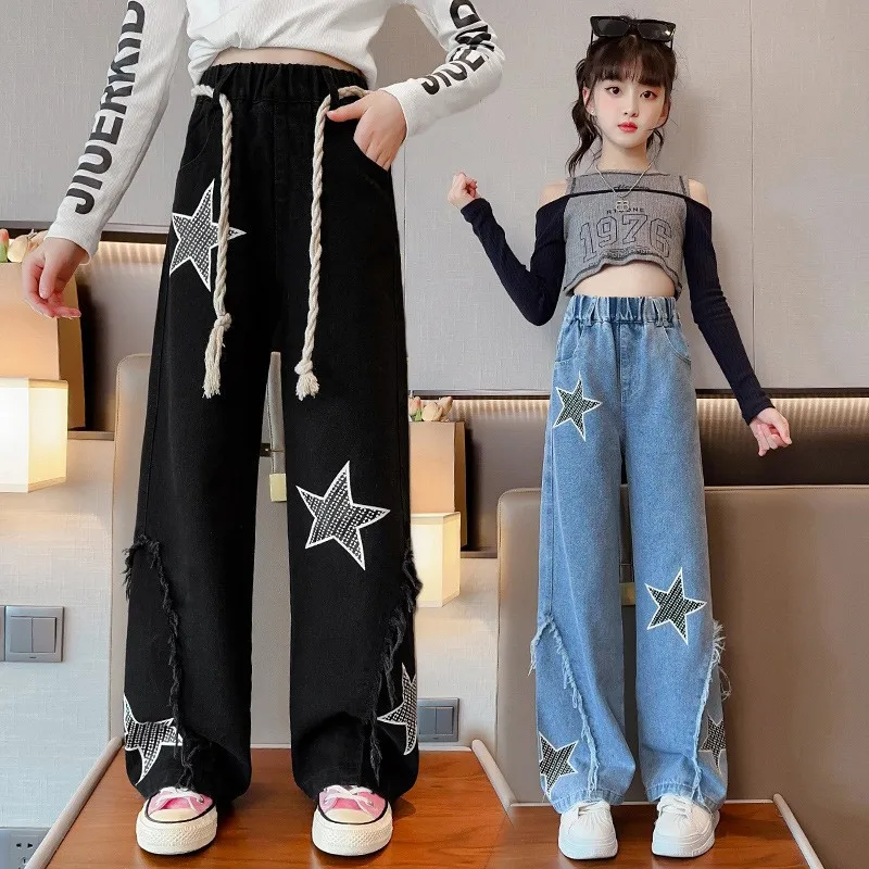 

5-14 Years Autumn Girls Denim Wide Leg Pants Trousers Fashion Star Printing Spring Teenager Kids Girl Jeans Casual Clothes New