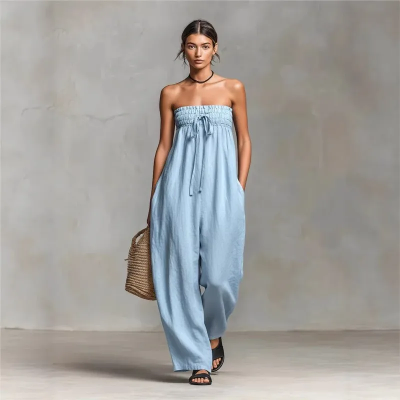 Fashion Sexy Off Shoulder Backless Jumpsuit Woman Ruched Tie Strapless Hollow Romper Summer Sleeveless Casual Beach Overalls