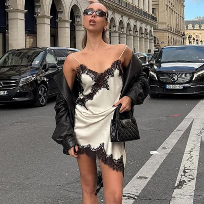 Tornova Lace Mini Spaghetti Strap Dress For Women Backless Slit Sexy Dress Evening Party Bodycon Female Elegant Dress High Waist