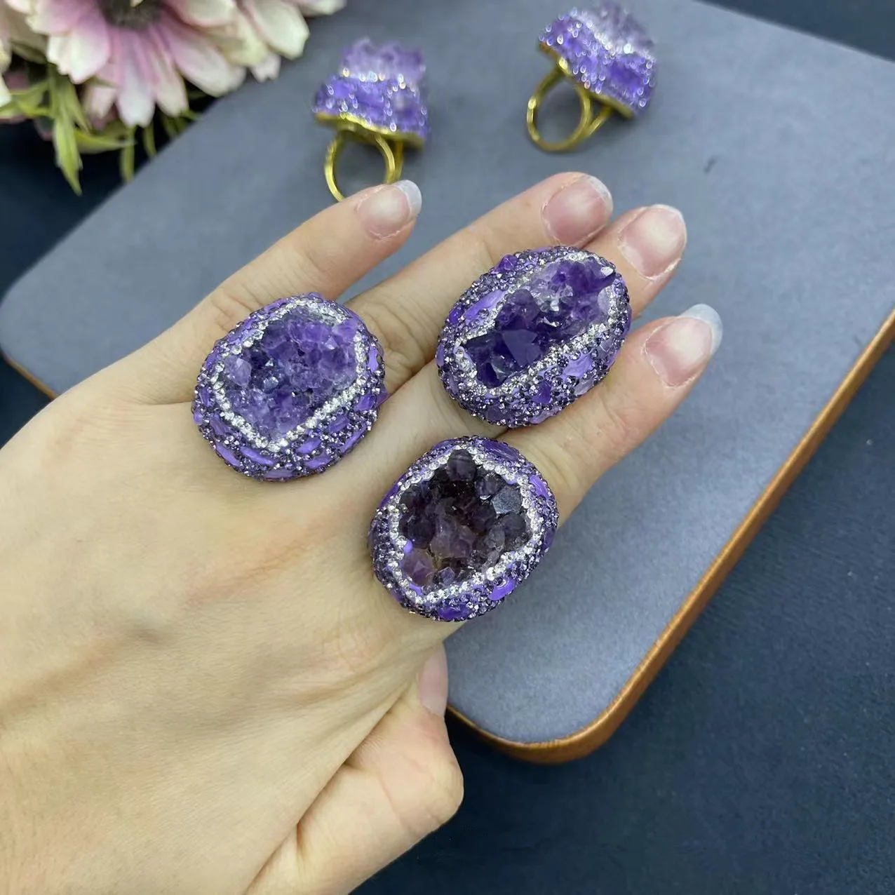 Natural Amethyst Rhinestone Rough Stone Ring Personality Fashion Women\'s Wedding Banquet Finger Jewelry