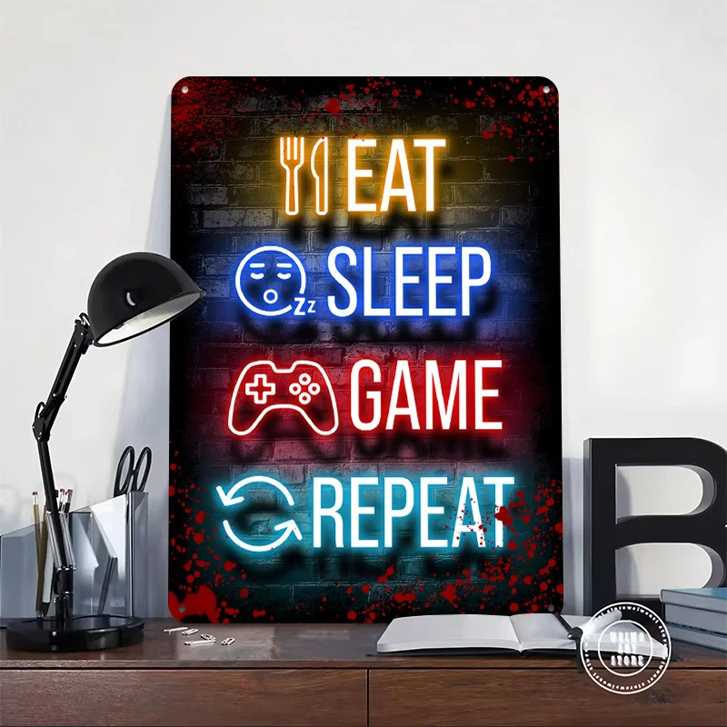 Eat Sleep Game Repeat Metal Poster Customized Wall Art Retro Vintage Tinplate Signs for Man Cave Bathroom Decor Home Decorations